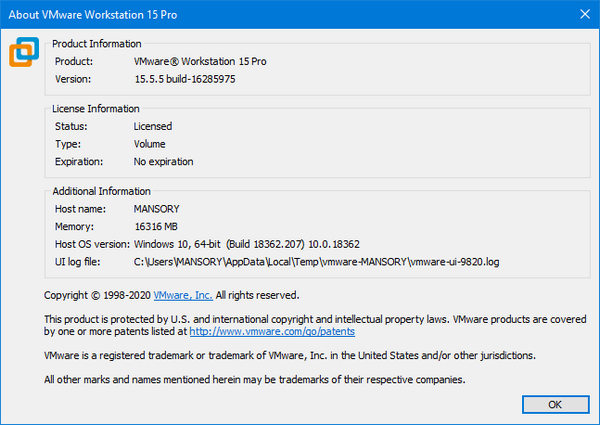 VMware Workstation Pro 15.5.5 Build 16285975