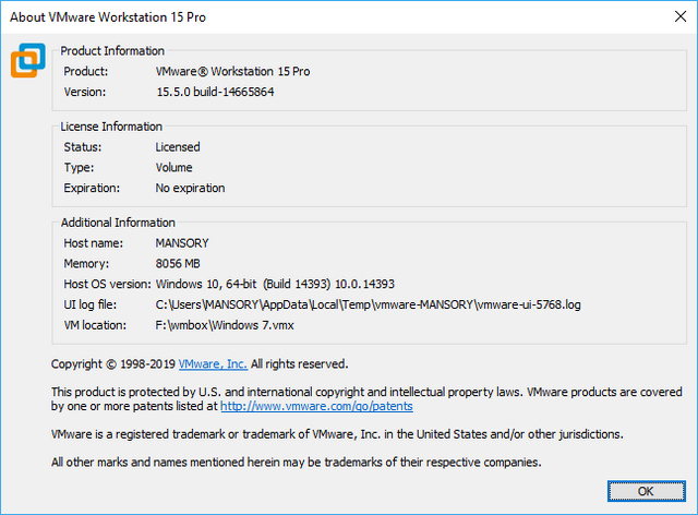 VMware Workstation Pro 15.5.0 Build 14665864